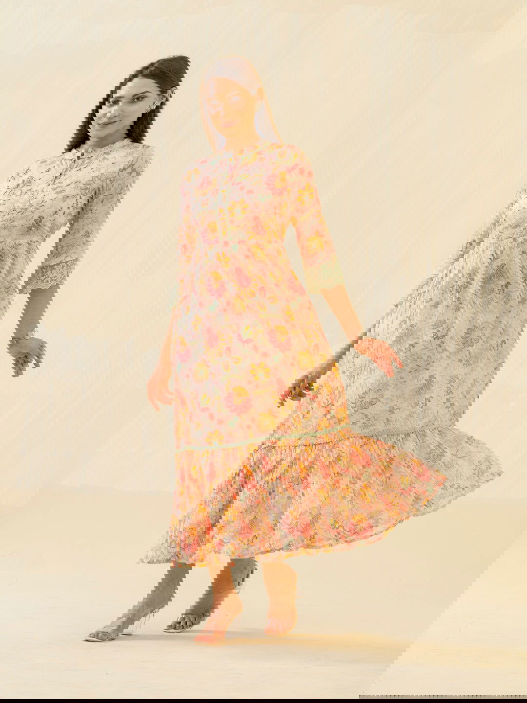 Orange Floral Printed Mandarin Collar Sequinned Cotton Fit & Flare Ethnic Dresses - Buy Best Ethnic Wear for Women & Girls | Daily Woman -