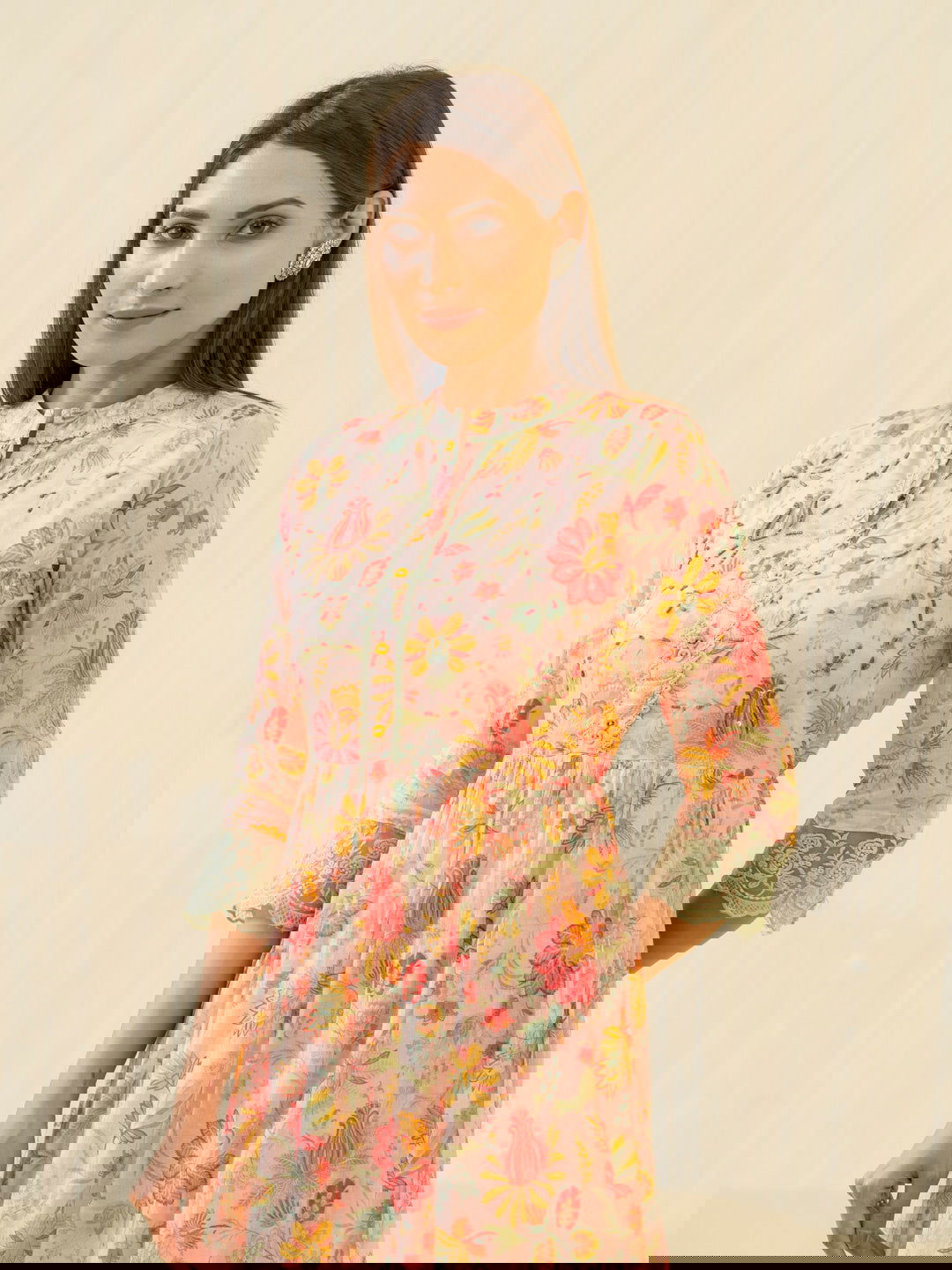 Orange Floral Printed Mandarin Collar Sequinned Cotton Fit & Flare Ethnic Dresses - Buy Best Ethnic Wear for Women & Girls | Daily Woman -