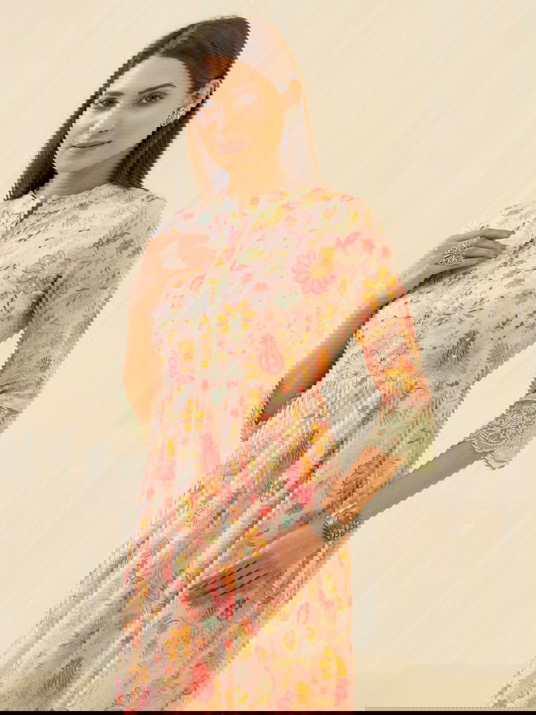 Orange Floral Printed Mandarin Collar Sequinned Cotton Fit & Flare Ethnic Dresses - Buy Best Ethnic Wear for Women & Girls | Daily Woman -