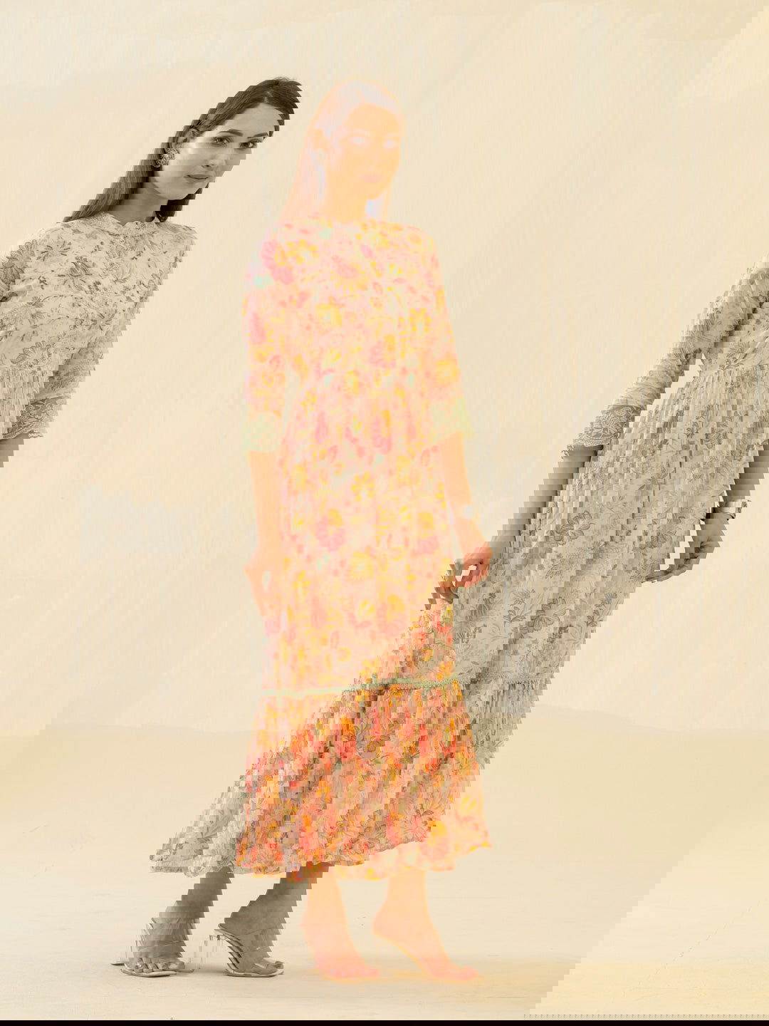 Orange Floral Printed Mandarin Collar Sequinned Cotton Fit & Flare Ethnic Dresses - Buy Best Ethnic Wear for Women & Girls | Daily Woman -