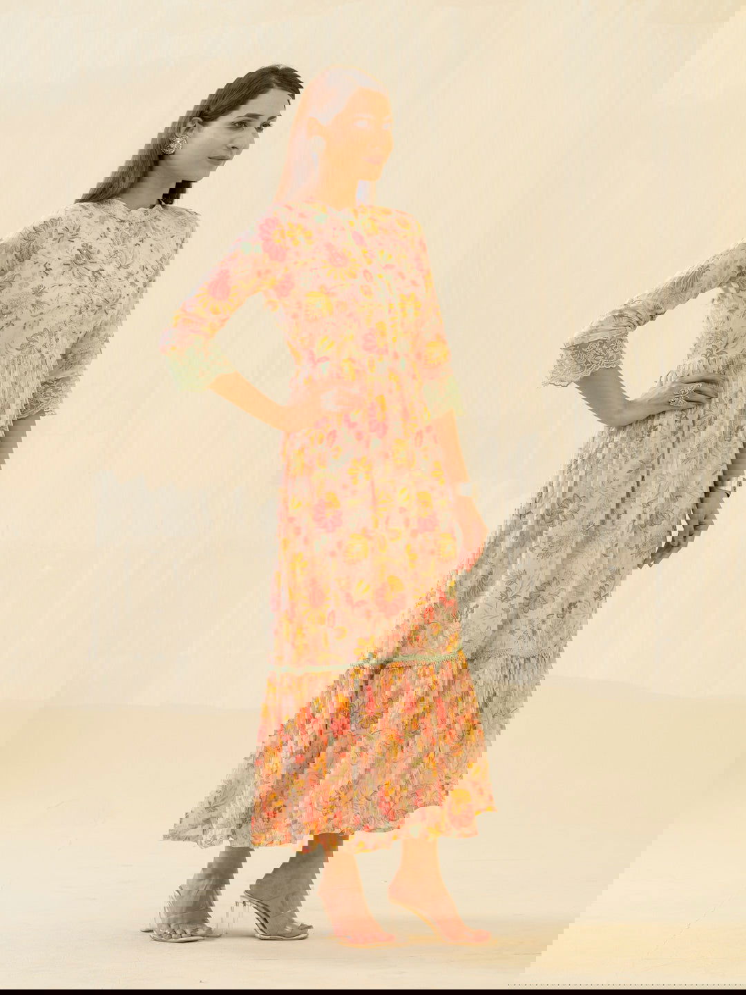 Orange Floral Printed Mandarin Collar Sequinned Cotton Fit & Flare Ethnic Dresses - Buy Best Ethnic Wear for Women & Girls | Daily Woman -