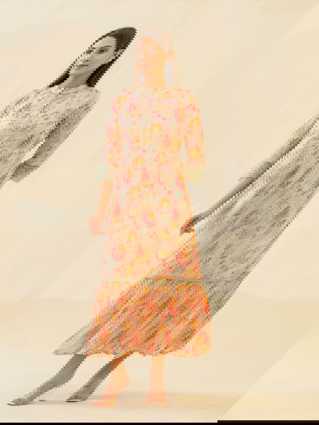 Orange Floral Printed Mandarin Collar Sequinned Cotton Fit & Flare Ethnic Dresses - Buy Best Ethnic Wear for Women & Girls | Daily Woman -