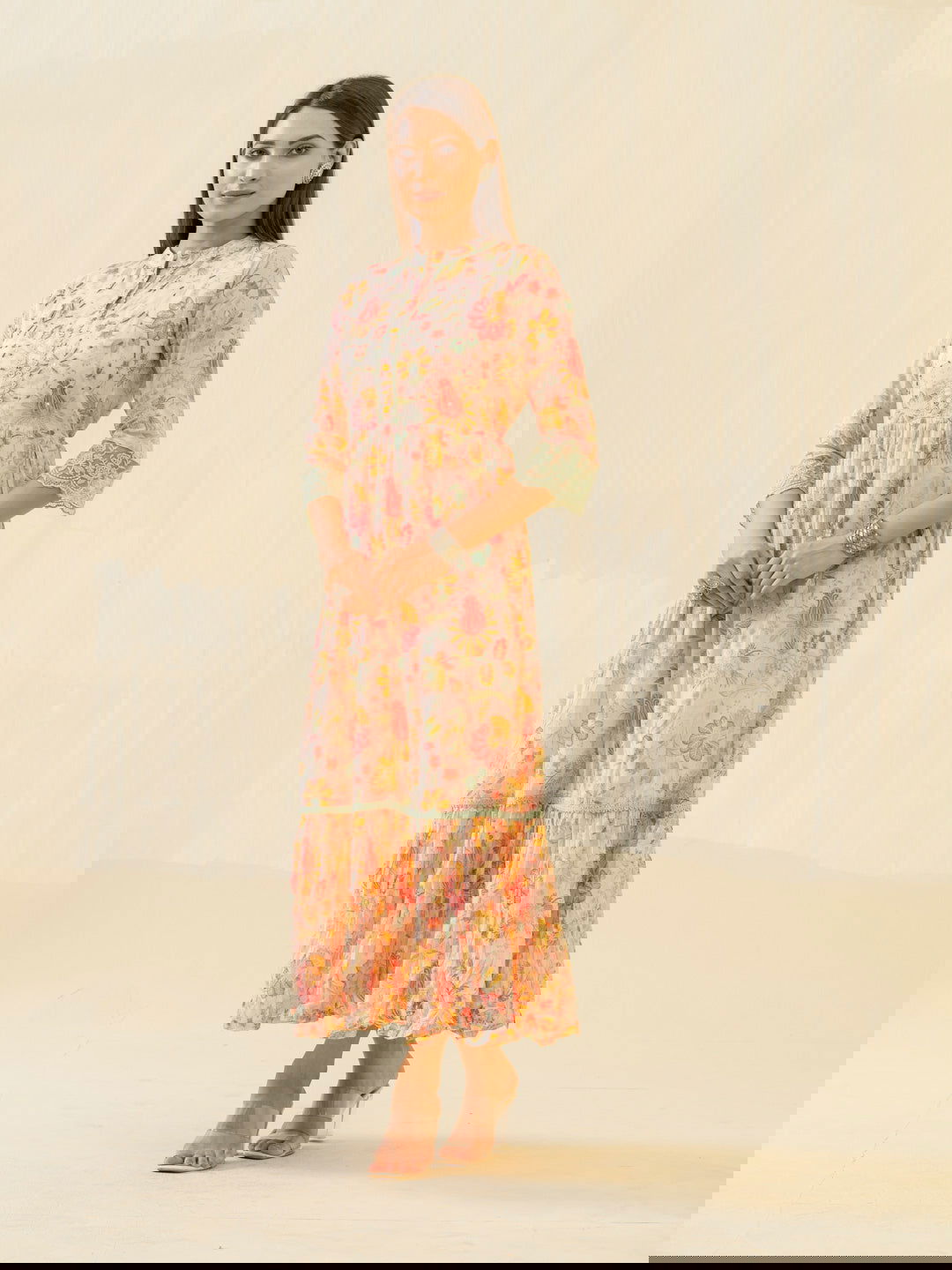 Orange Floral Printed Mandarin Collar Sequinned Cotton Fit & Flare Ethnic Dresses - Buy Best Ethnic Wear for Women & Girls | Daily Woman -