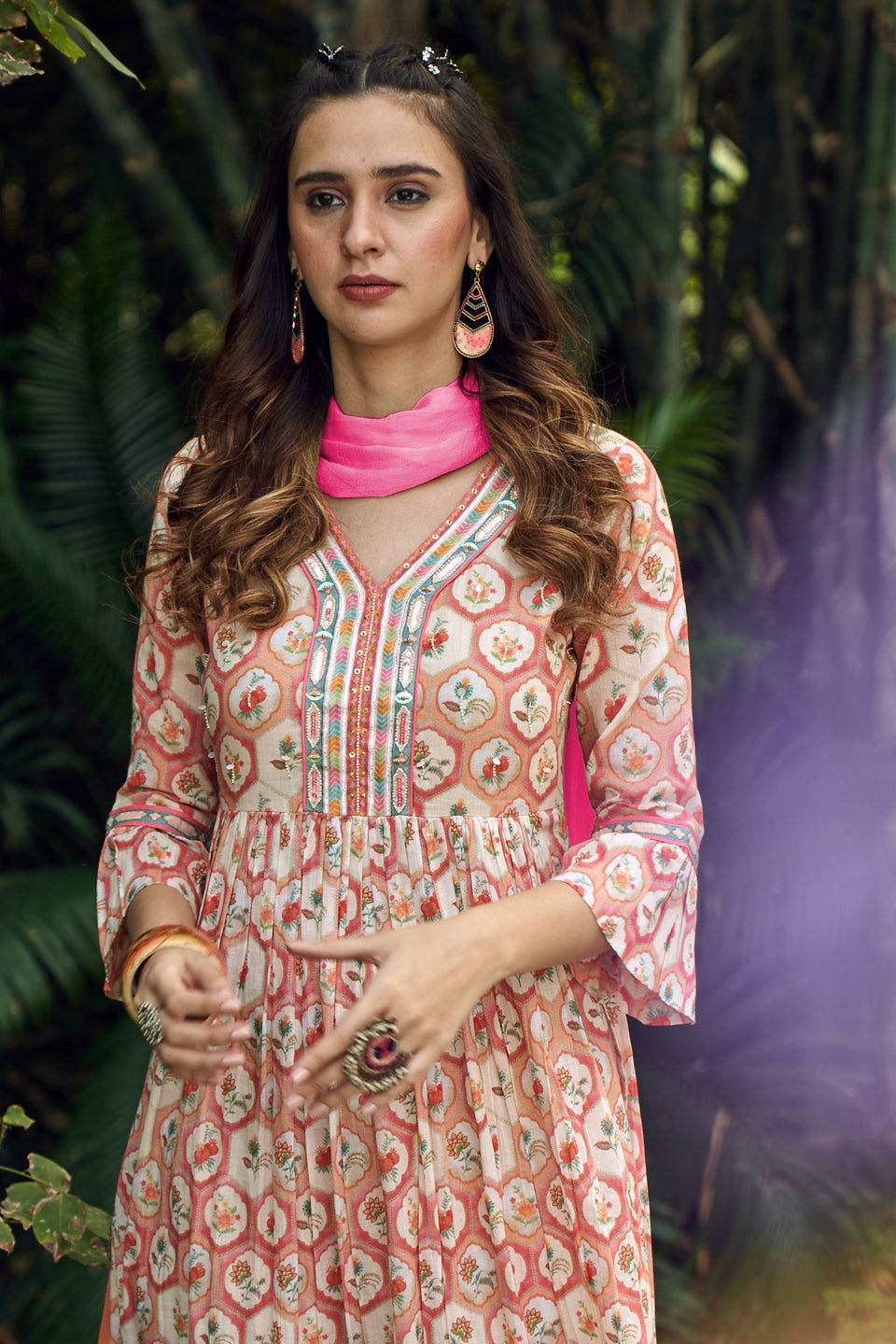 Orange Floral Printed Sequined Pure Cotton A-Line Kurta With Trouser & Dupatta - Buy Best Ethnic Wear for Women & Girls | Daily Woman -
