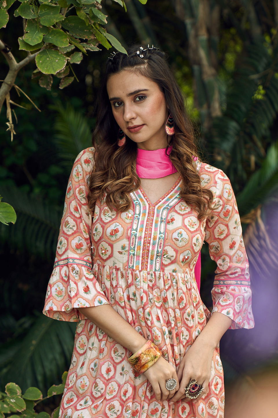 Orange Floral Printed Sequined Pure Cotton A-Line Kurta With Trouser & Dupatta - Buy Best Ethnic Wear for Women & Girls | Daily Woman -