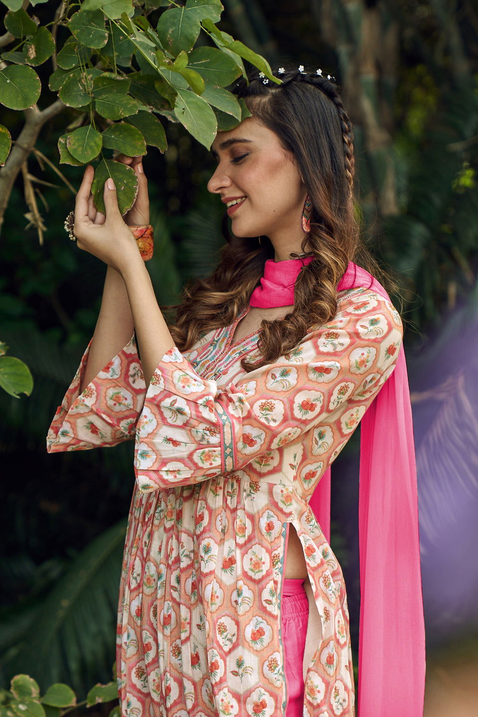 Orange Floral Printed Sequined Pure Cotton A-Line Kurta With Trouser & Dupatta - Buy Best Ethnic Wear for Women & Girls | Daily Woman -