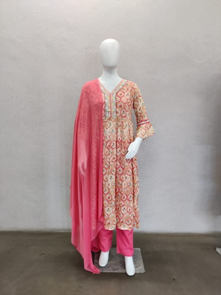 Orange Floral Printed Sequined Pure Cotton A-Line Kurta With Trouser & Dupatta - Buy Best Ethnic Wear for Women & Girls | Daily Woman -