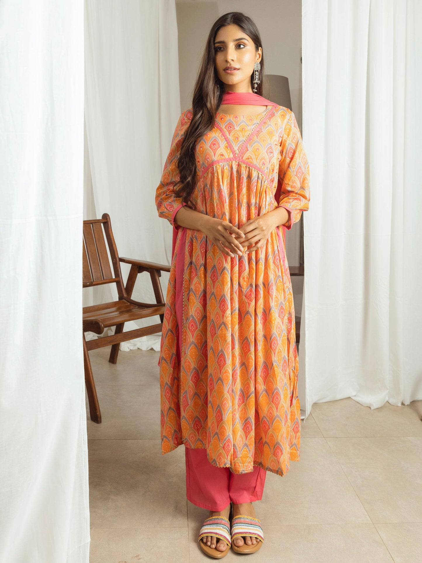 Orange & Pink Ethnic Printed Kurta Trousers With Dupatta - Buy Best Ethnic Wear for Women & Girls | Daily Woman -