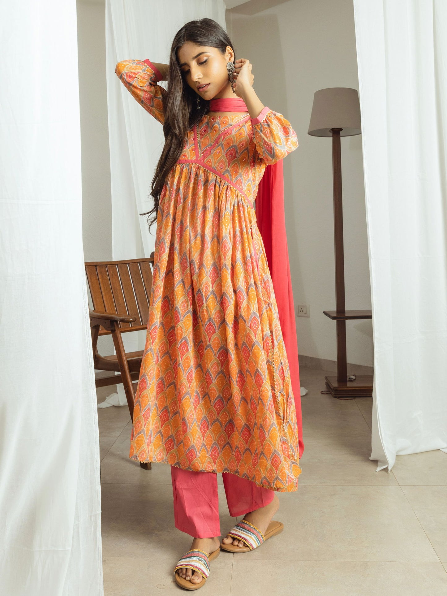 Orange & Pink Ethnic Printed Kurta Trousers With Dupatta - Buy Best Ethnic Wear for Women & Girls | Daily Woman -