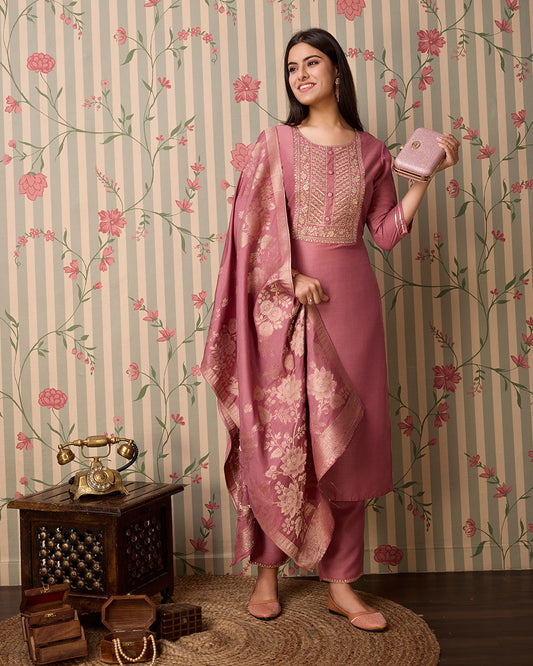 Peach Woven Design Yoke Design Straight Kurta Trousers With Dupatta - Buy Best Ethnic Wear for Women & Girls | Daily Woman -