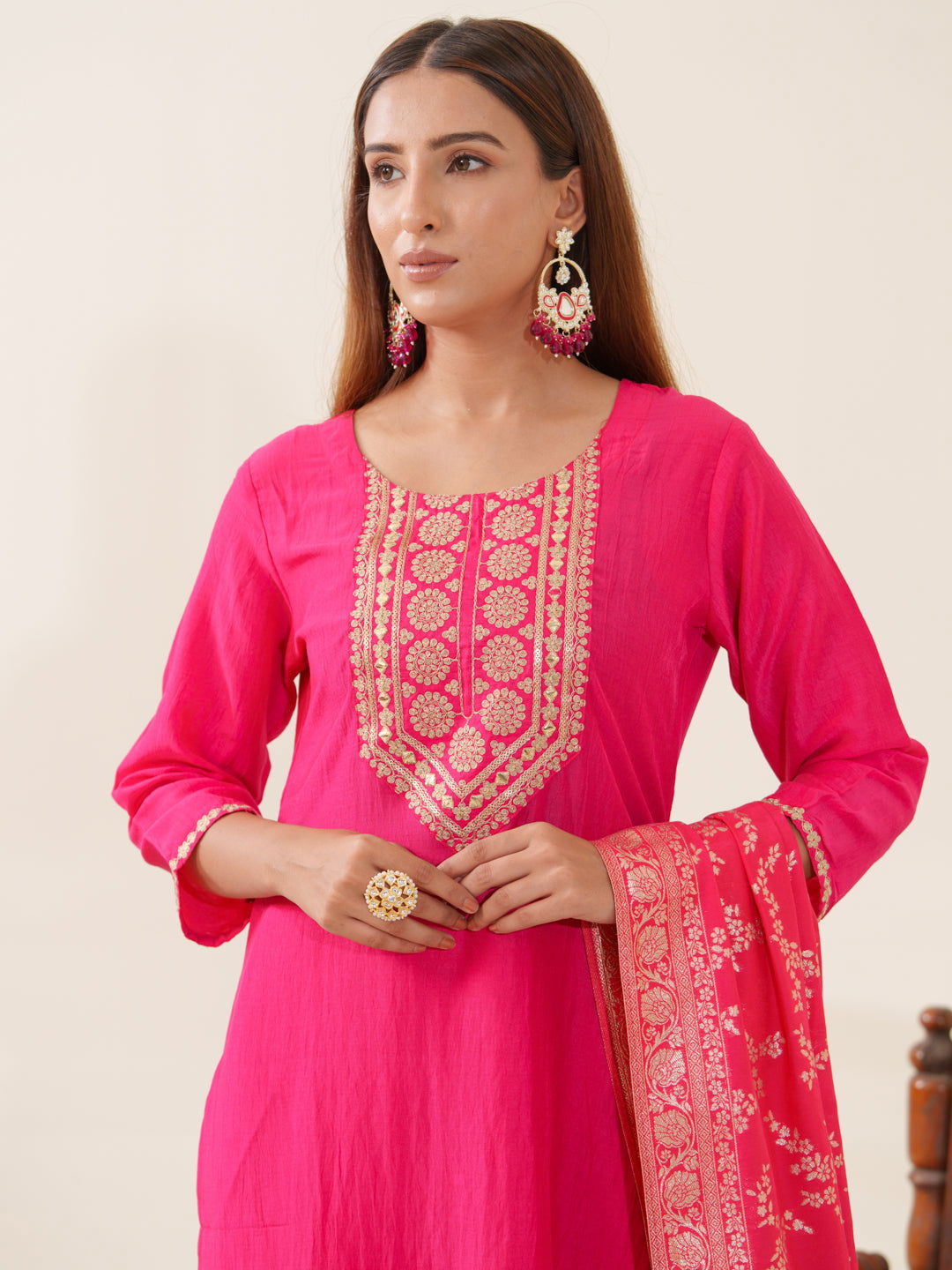 Pink Color Poly Chinon Ethnic Motifs Woven Design Zari Regular Kurta with Trousers & Banarasi Dupatta - Buy Best Ethnic Wear for Women & Girls | Daily Woman -