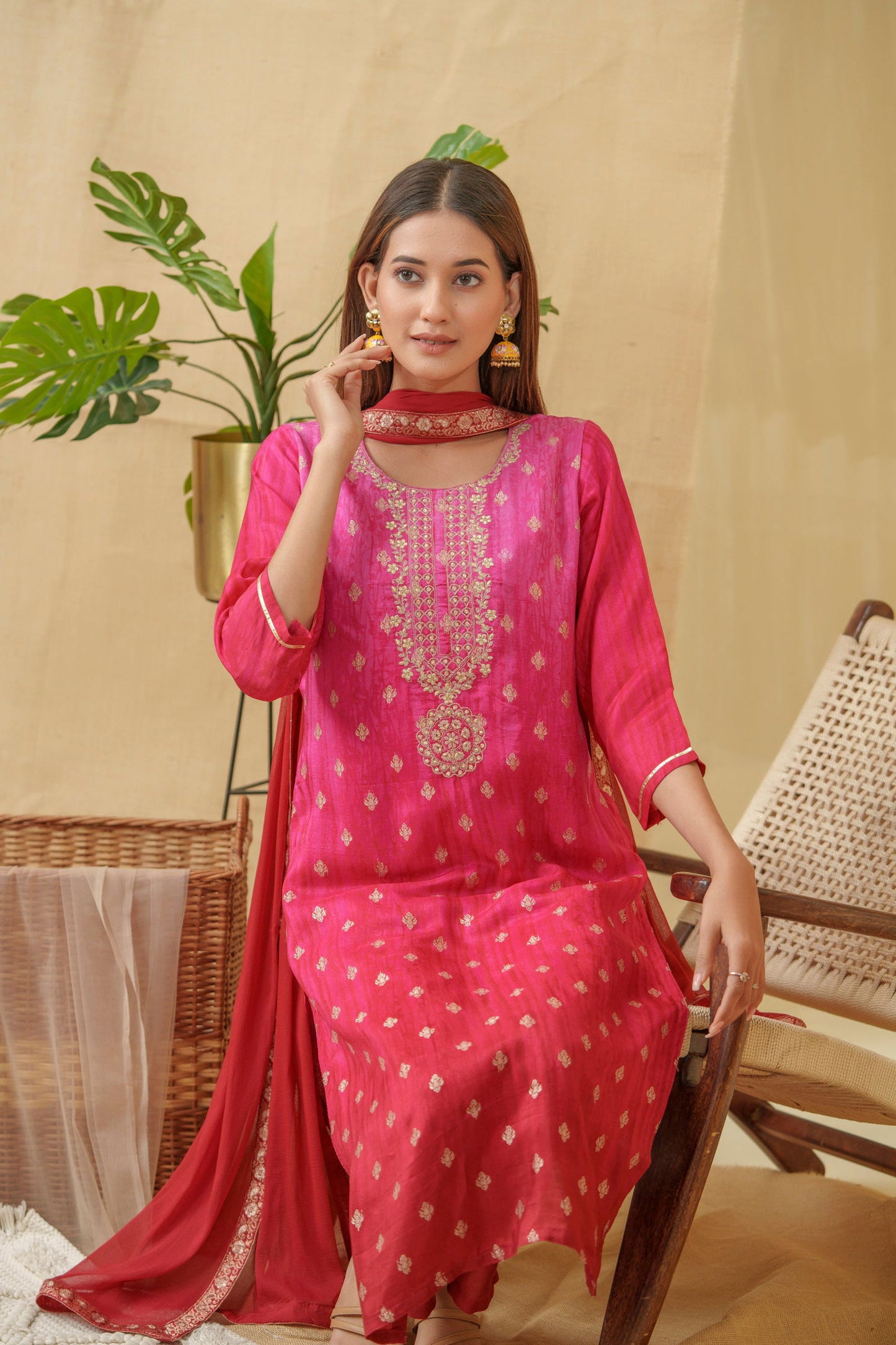Pink Embroidered Round Neck Kurta With Trousers & Dupatta - Buy Best Ethnic Wear for Women & Girls | Daily Woman -