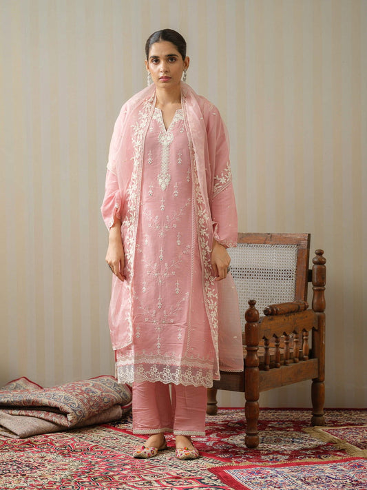 Pink Embroidered Woven Design Straight Kurta and Trousers With Dupatta - Buy Best Ethnic Wear for Women & Girls | Daily Woman -
