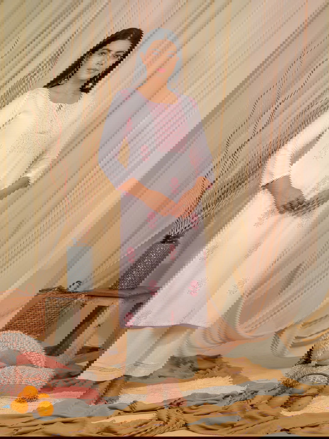 Pink Floral Printed Tie-Up Neck Straight Kurta - Buy Best Ethnic Wear for Women & Girls | Daily Woman -