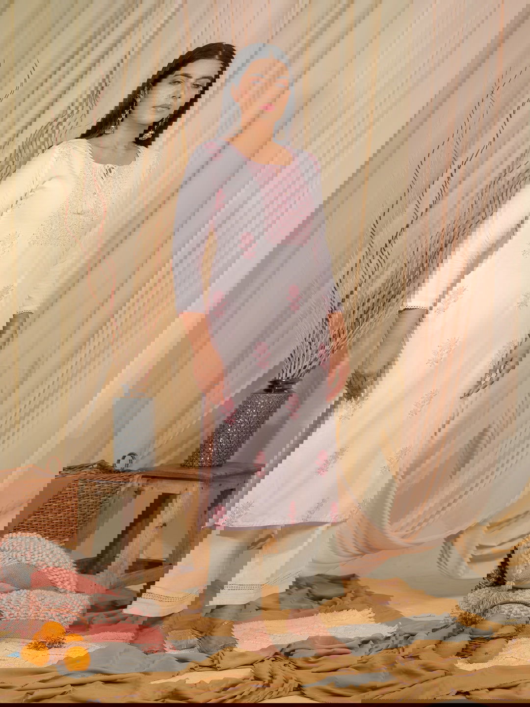 Pink Floral Printed Tie-Up Neck Straight Kurta - Buy Best Ethnic Wear for Women & Girls | Daily Woman -