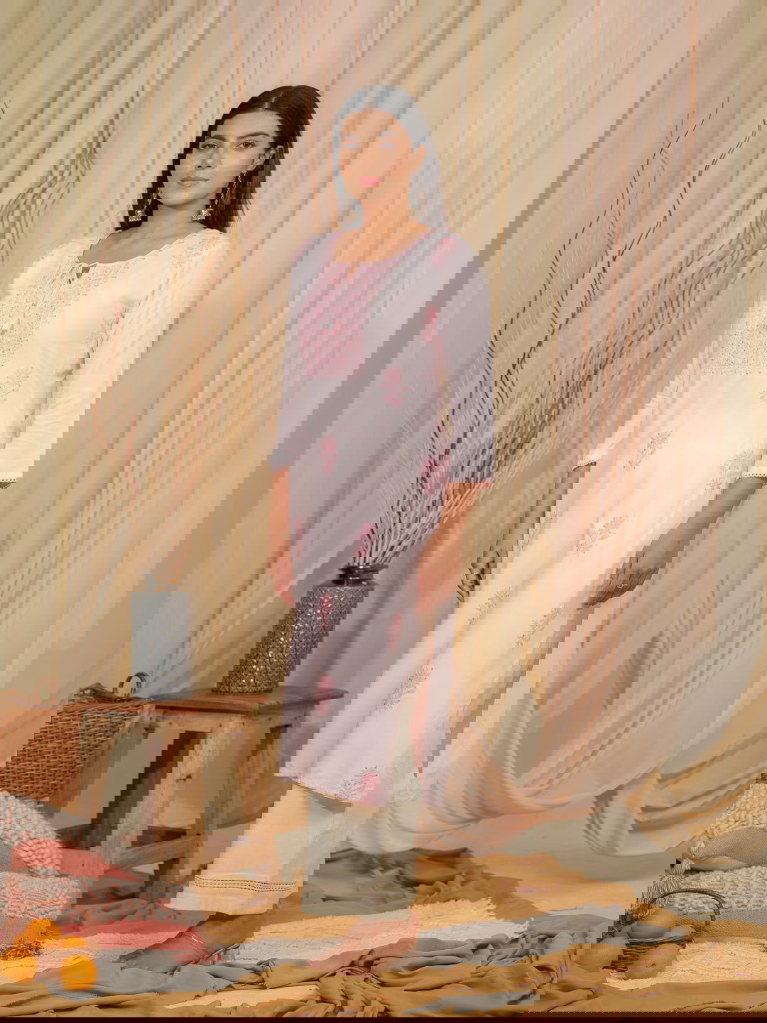 Pink Floral Printed Tie-Up Neck Straight Kurta - Buy Best Ethnic Wear for Women & Girls | Daily Woman -