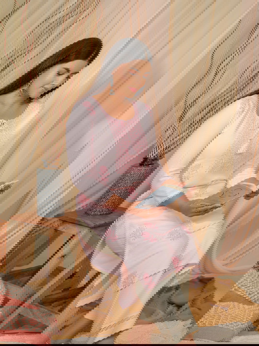 Pink Floral Printed Tie-Up Neck Straight Kurta - Buy Best Ethnic Wear for Women & Girls | Daily Woman -