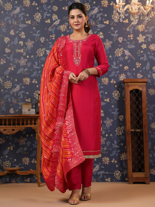 Pink Thread Work Pure Silk Straight Kurta & Trouser With Dupatta - Buy Best Ethnic Wear for Women & Girls | Daily Woman -