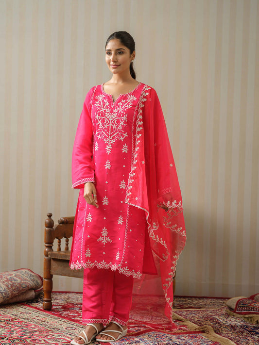 Pink & White Woven Design Embroidered Straight Kurta and Trousers With Dupatta - Buy Best Ethnic Wear for Women & Girls | Daily Woman -