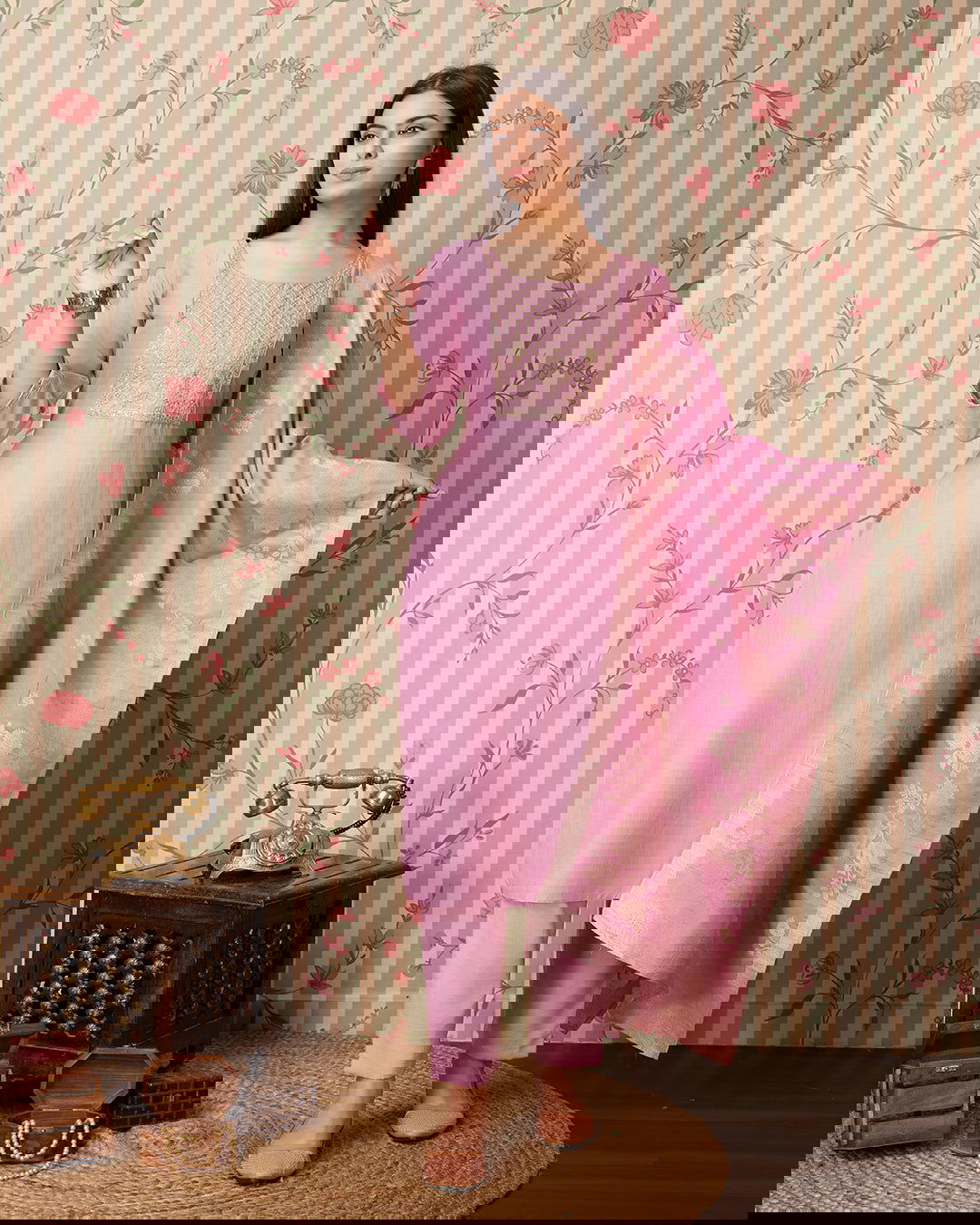 Pink Woven Design Yoke Design Straight Kurta Trousers With Dupatta