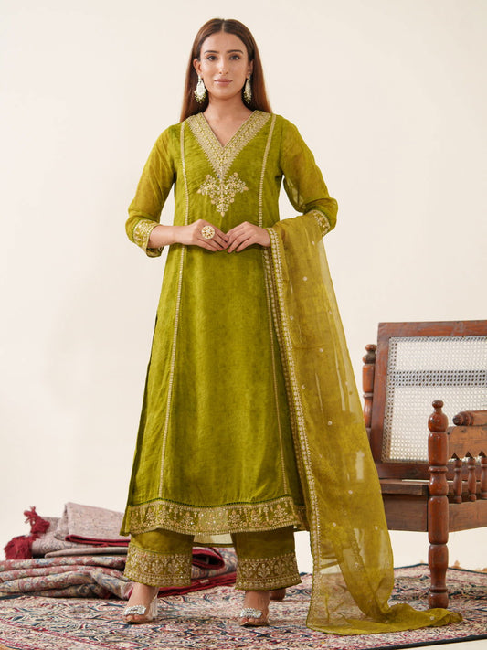 Poly Organza Green  Color Woven Design Kurta With Trousers & Dupatta - Buy Best Ethnic Wear for Women & Girls | Daily Woman -