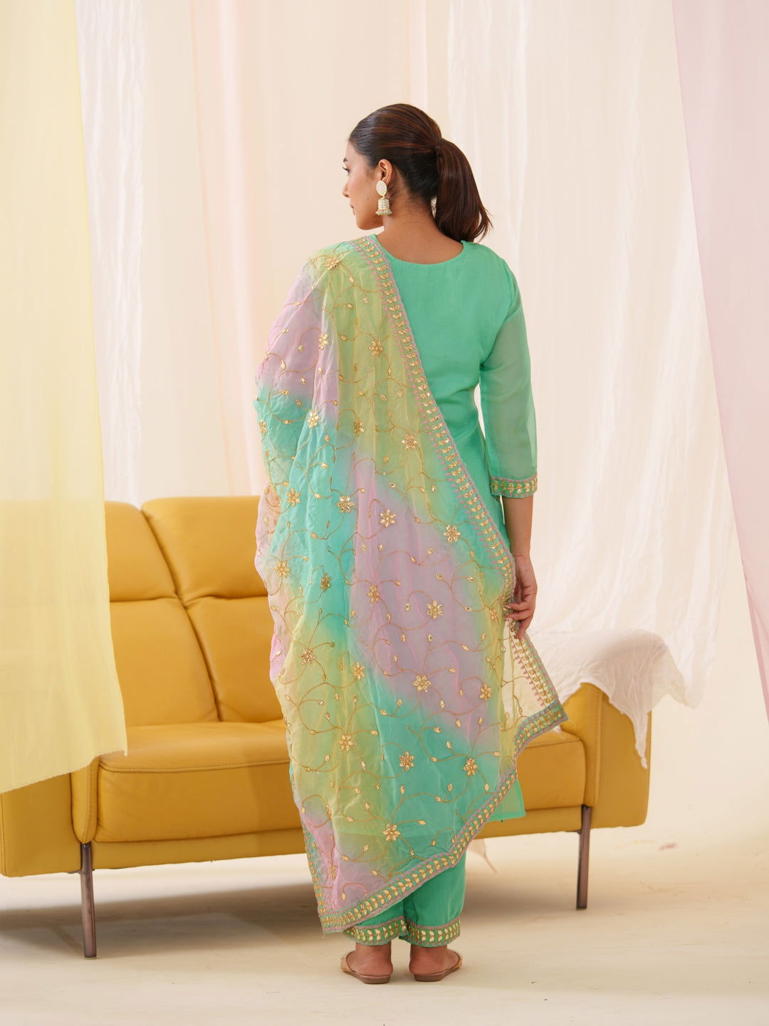 Poly Organza Green Embroidered Kurta With Trousers & Dupatta - Buy Best Ethnic Wear for Women & Girls | Daily Woman -