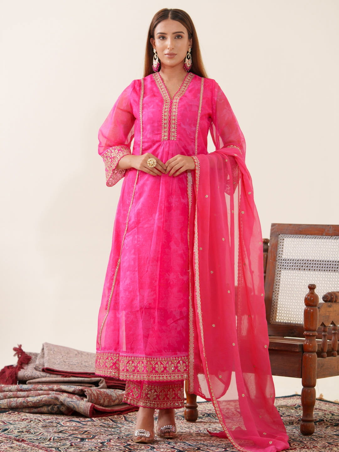 Dark Pink Color Muslin Top(T.L.45') and Paralle Pant(P.H.36') with Organza Dupatta