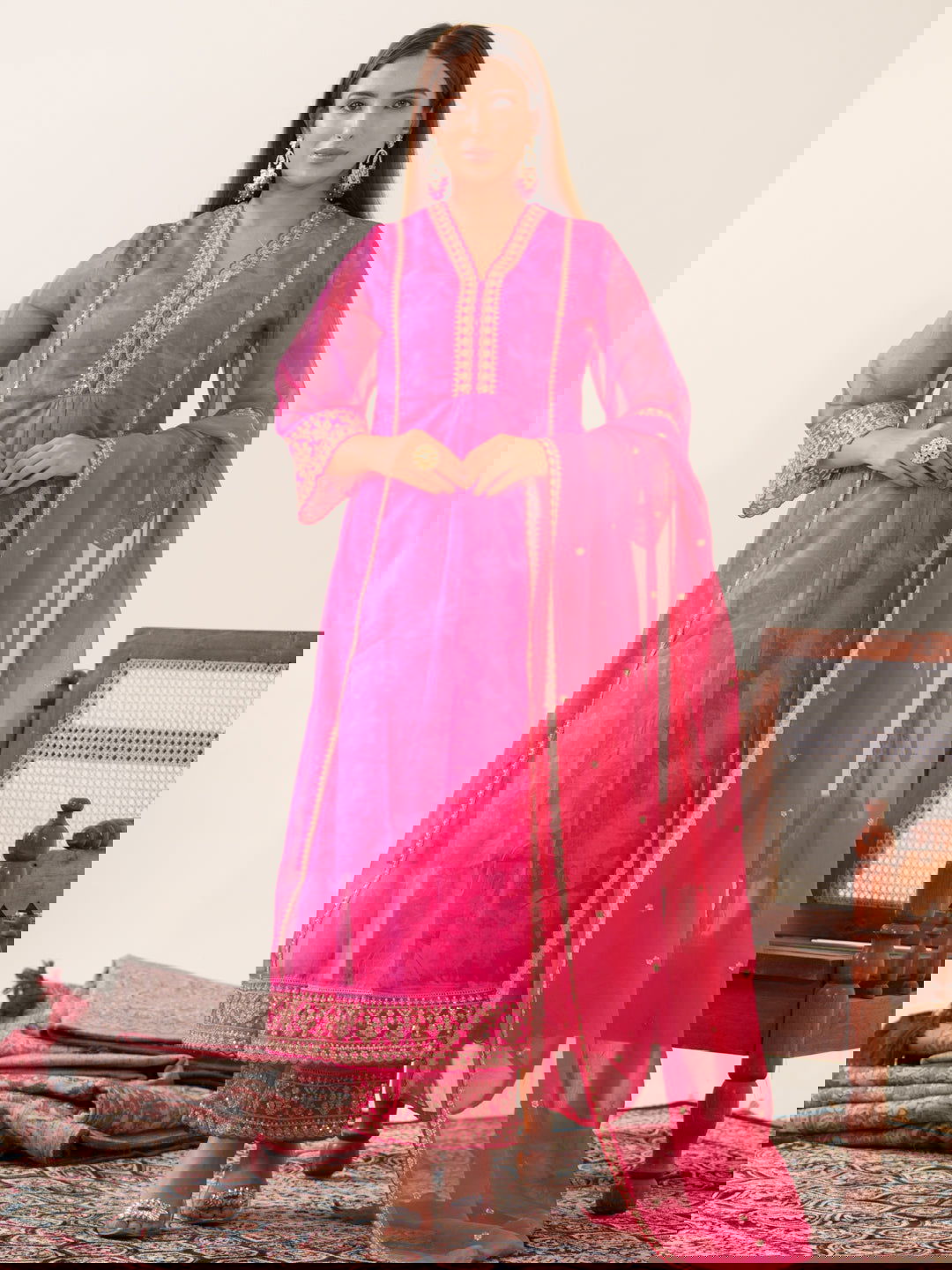 Poly Organza Pink Color Woven Design Kurta With Trousers & Dupatta - Buy Best Ethnic Wear for Women & Girls | Daily Woman -