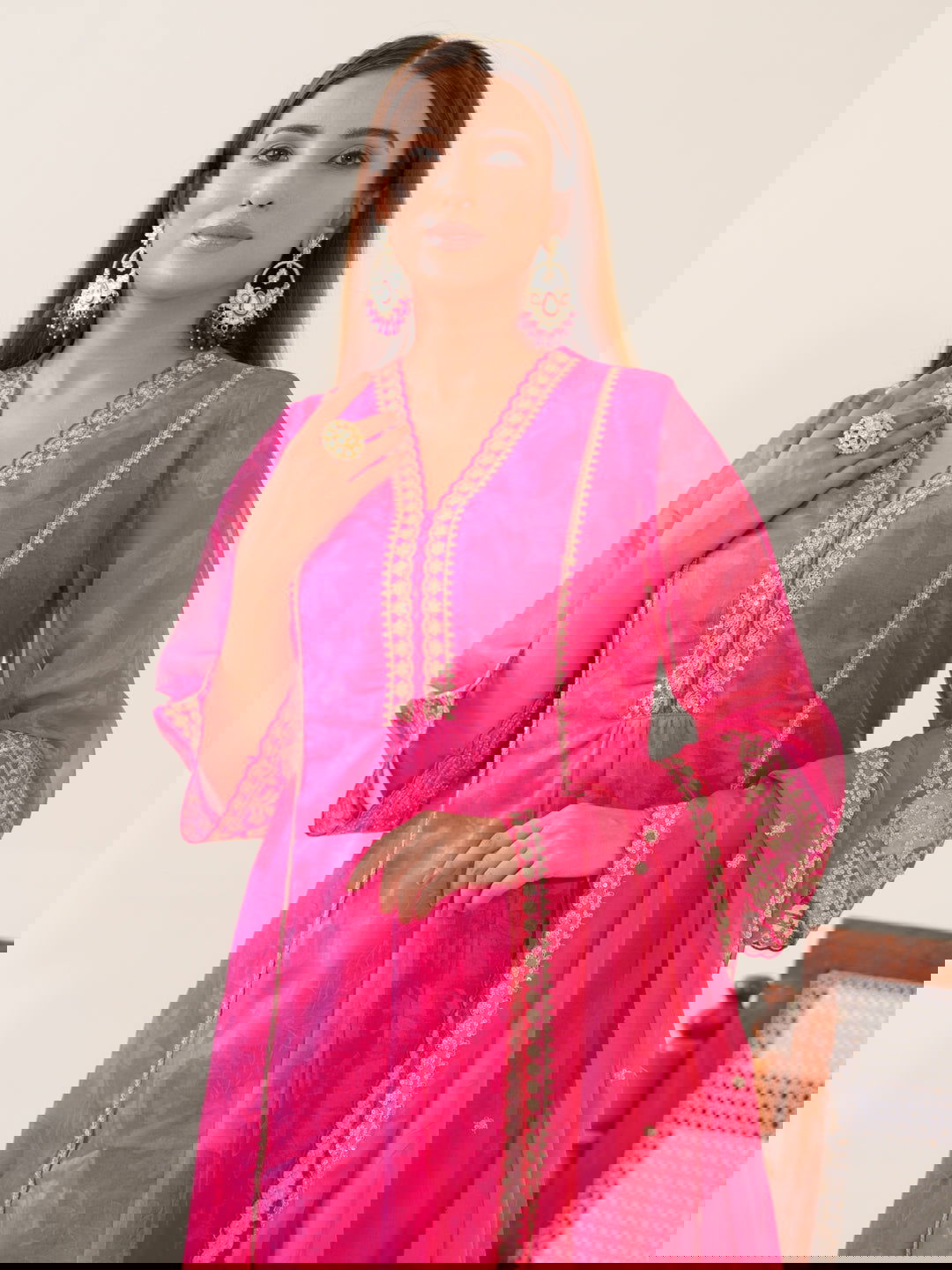Poly Organza Pink Color Woven Design Kurta With Trousers & Dupatta - Buy Best Ethnic Wear for Women & Girls | Daily Woman -