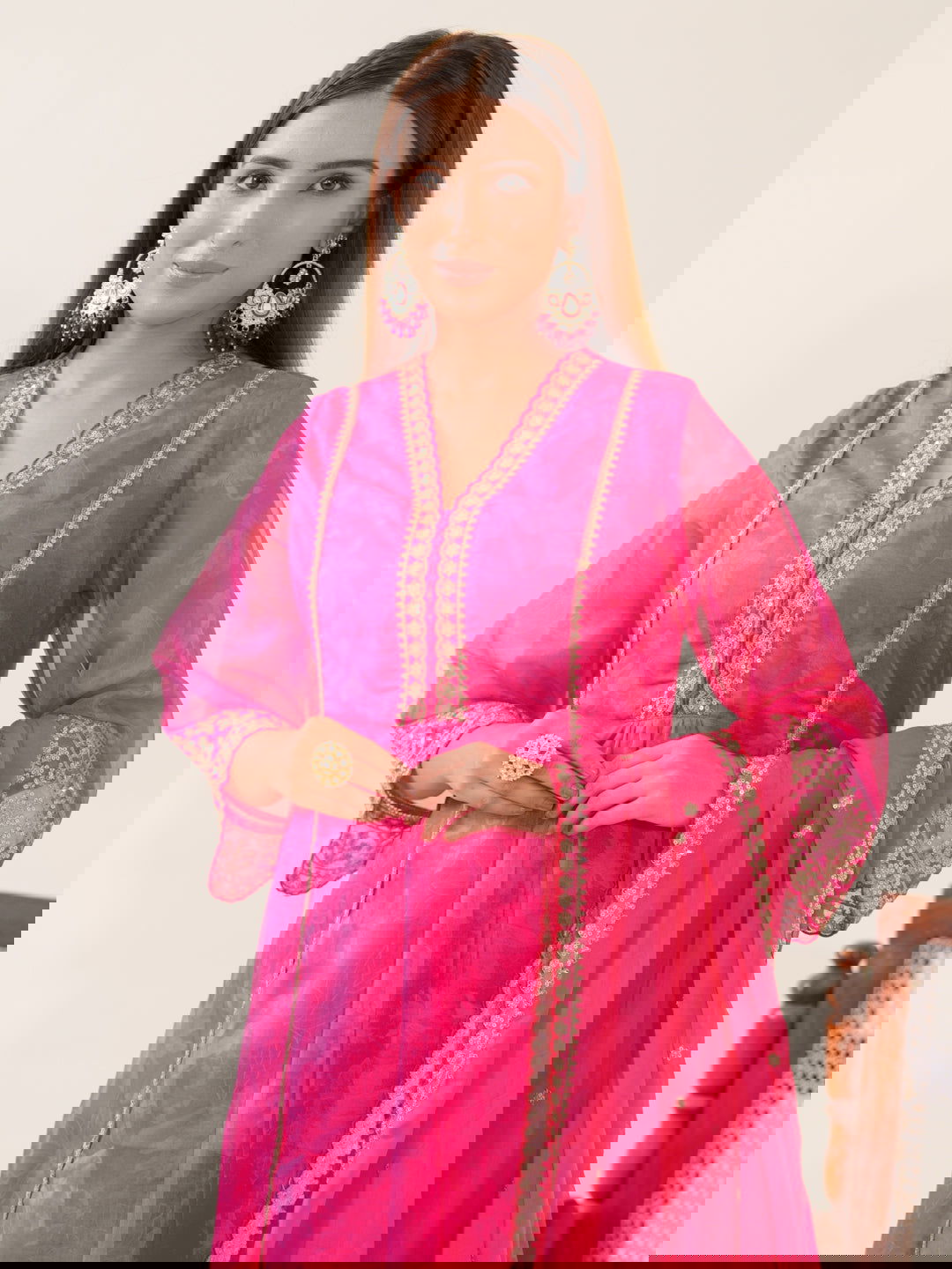 Poly Organza Pink Color Woven Design Kurta With Trousers & Dupatta - Buy Best Ethnic Wear for Women & Girls | Daily Woman -