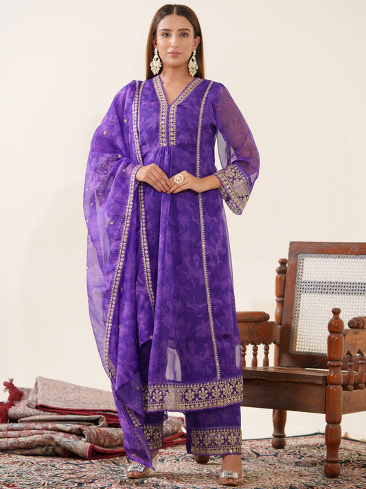 Poly Organza Purple Color Ethnic Motifs Embroidered Kurta With Trousers & Dupatta - Buy Best Ethnic Wear for Women & Girls | Daily Woman -