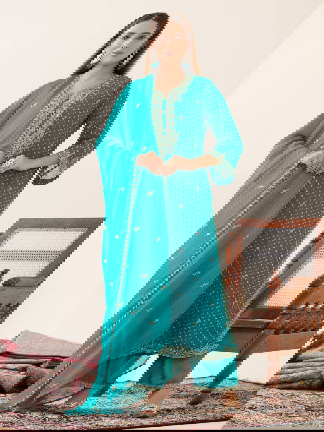 Poly Organza Rama Color Floral Embroidered Organza Straight Kurta With Trousers & Dupatta - Buy Best Ethnic Wear for Women & Girls | Daily Woman -