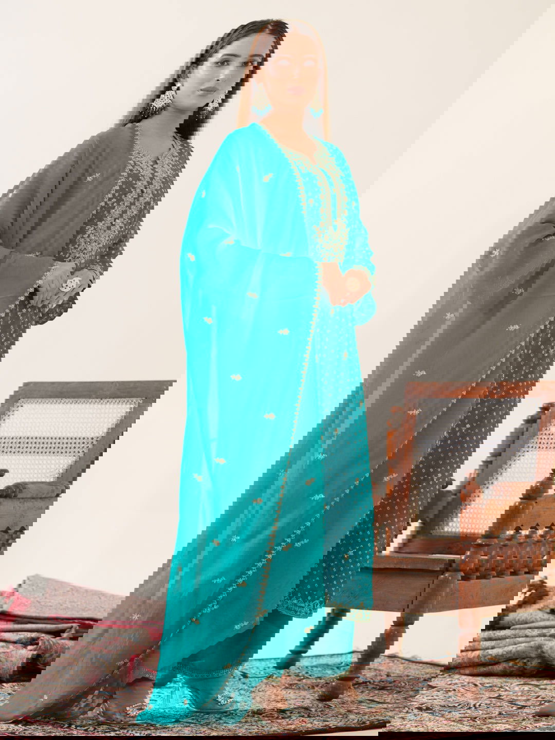 Poly Organza Rama Color Floral Embroidered Organza Straight Kurta With Trousers & Dupatta - Buy Best Ethnic Wear for Women & Girls | Daily Woman -