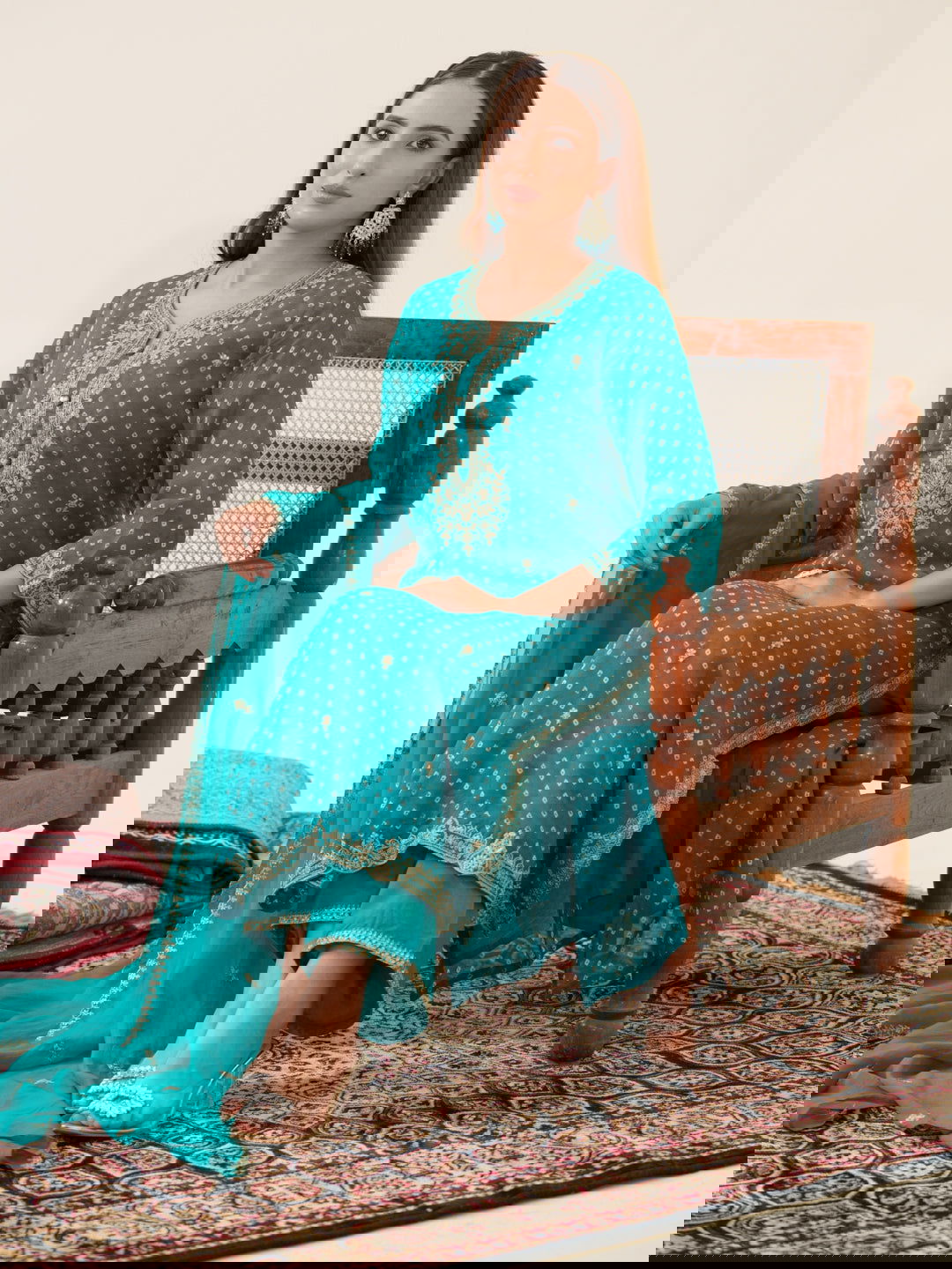 Poly Organza Rama Color Floral Embroidered Organza Straight Kurta With Trousers & Dupatta - Buy Best Ethnic Wear for Women & Girls | Daily Woman -