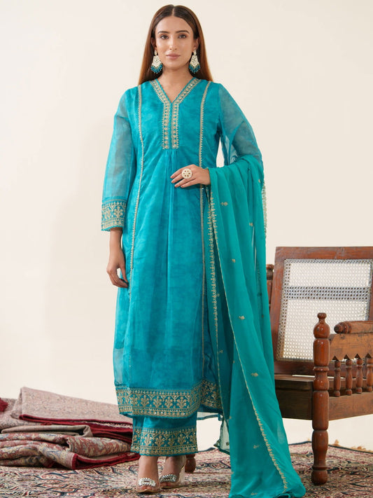 Poly Organza Rama Color Woven Design Kurta Sets - Buy Best Ethnic Wear for Women & Girls | Daily Woman -