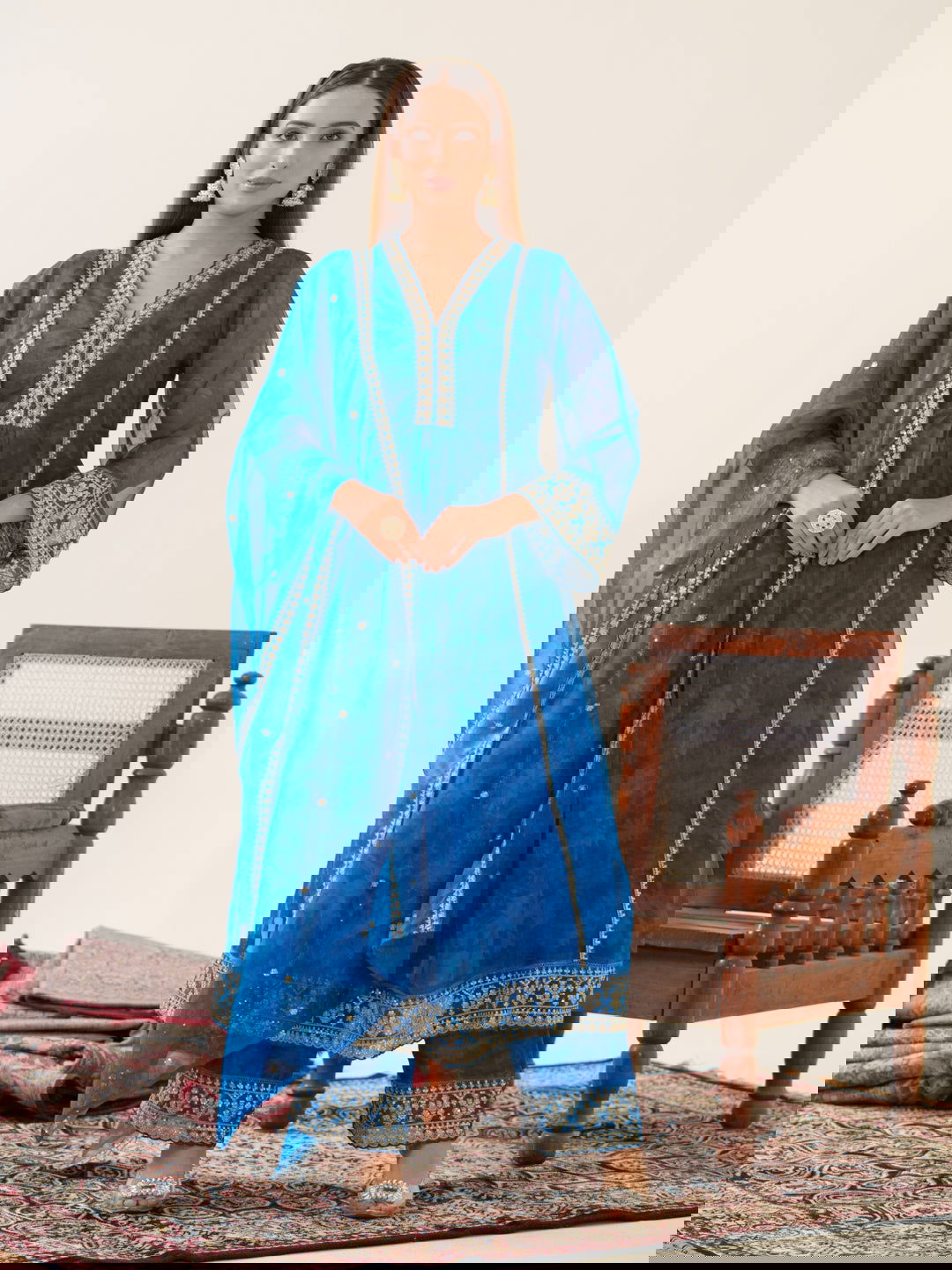 Poly Organza Royal Blue Color Woven Design Kurta With Trousers & Dupatta - Buy Best Ethnic Wear for Women & Girls | Daily Woman -