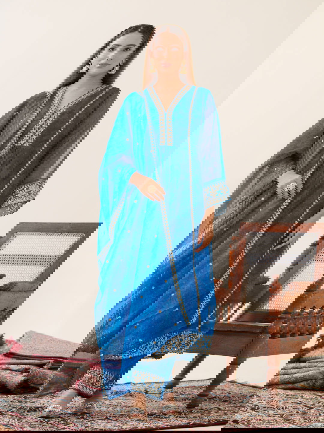 Poly Organza Royal Blue Color Woven Design Kurta With Trousers & Dupatta - Buy Best Ethnic Wear for Women & Girls | Daily Woman -