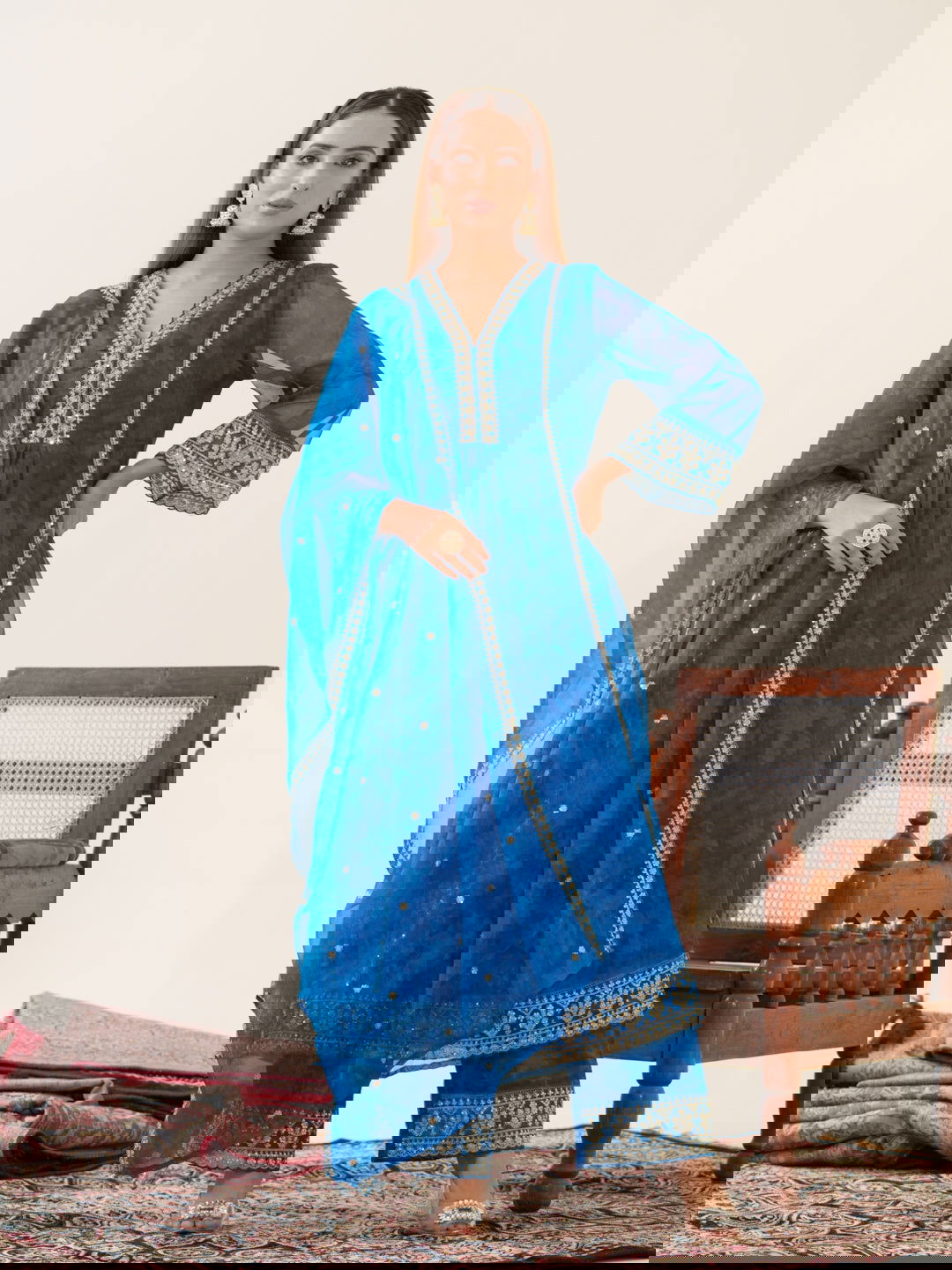 Poly Organza Royal Blue Color Woven Design Kurta With Trousers & Dupatta - Buy Best Ethnic Wear for Women & Girls | Daily Woman -