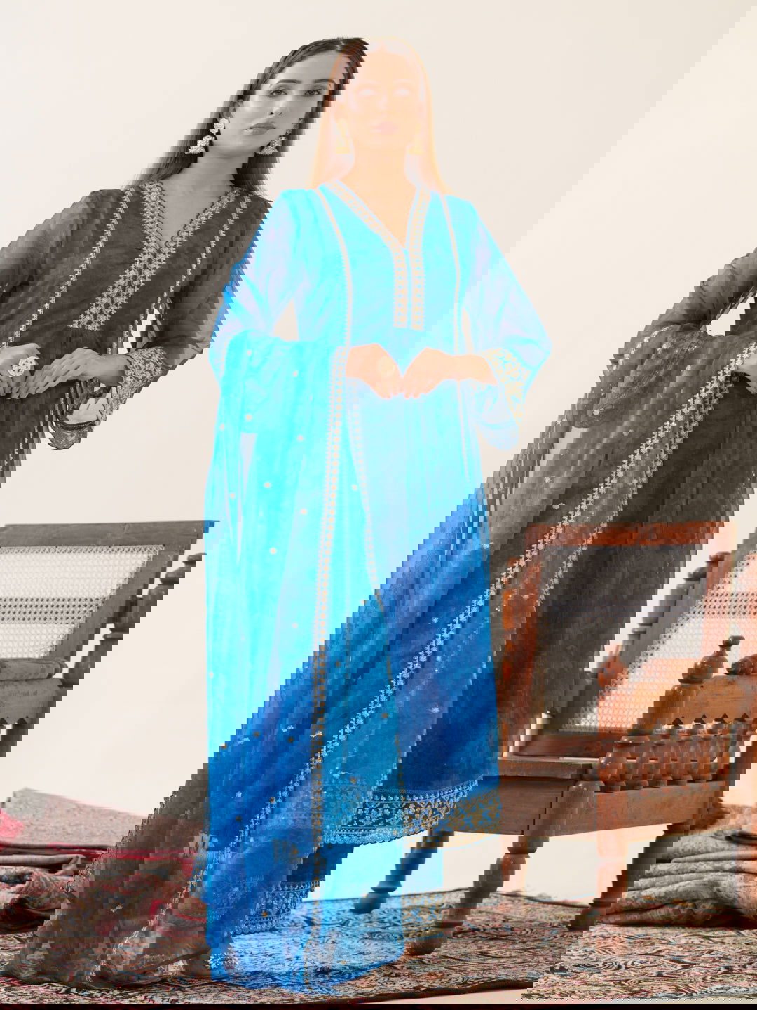 Poly Organza Royal Blue Color Woven Design Kurta With Trousers & Dupatta - Buy Best Ethnic Wear for Women & Girls | Daily Woman -