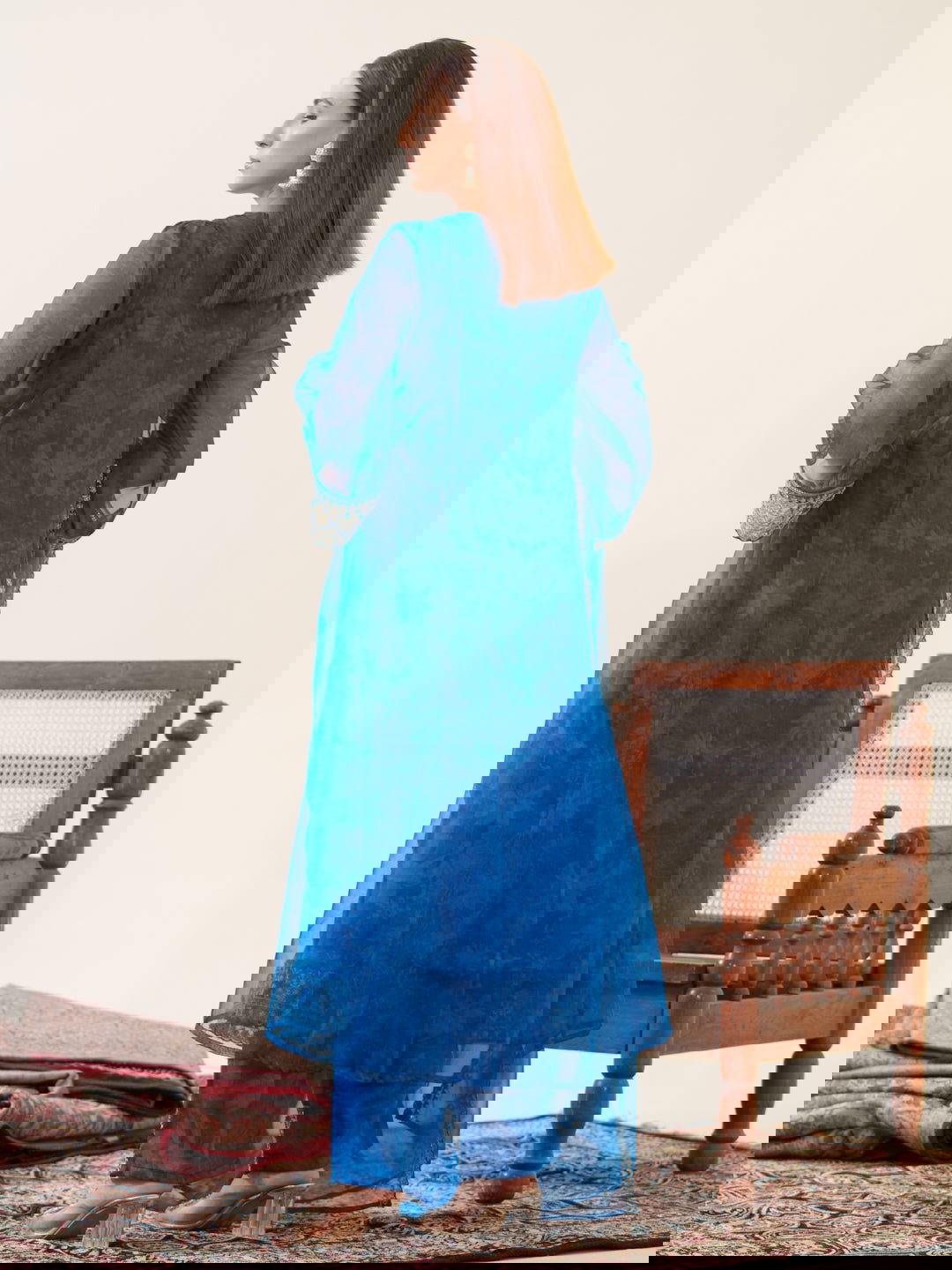 Poly Organza Royal Blue Color Woven Design Kurta With Trousers & Dupatta - Buy Best Ethnic Wear for Women & Girls | Daily Woman -