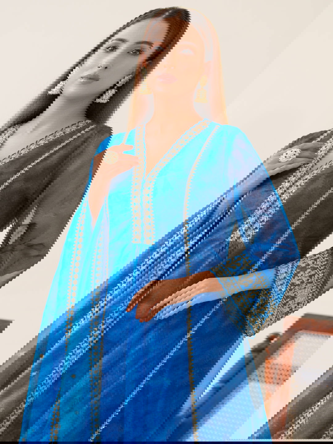 Poly Organza Royal Blue Color Woven Design Kurta With Trousers & Dupatta - Buy Best Ethnic Wear for Women & Girls | Daily Woman -