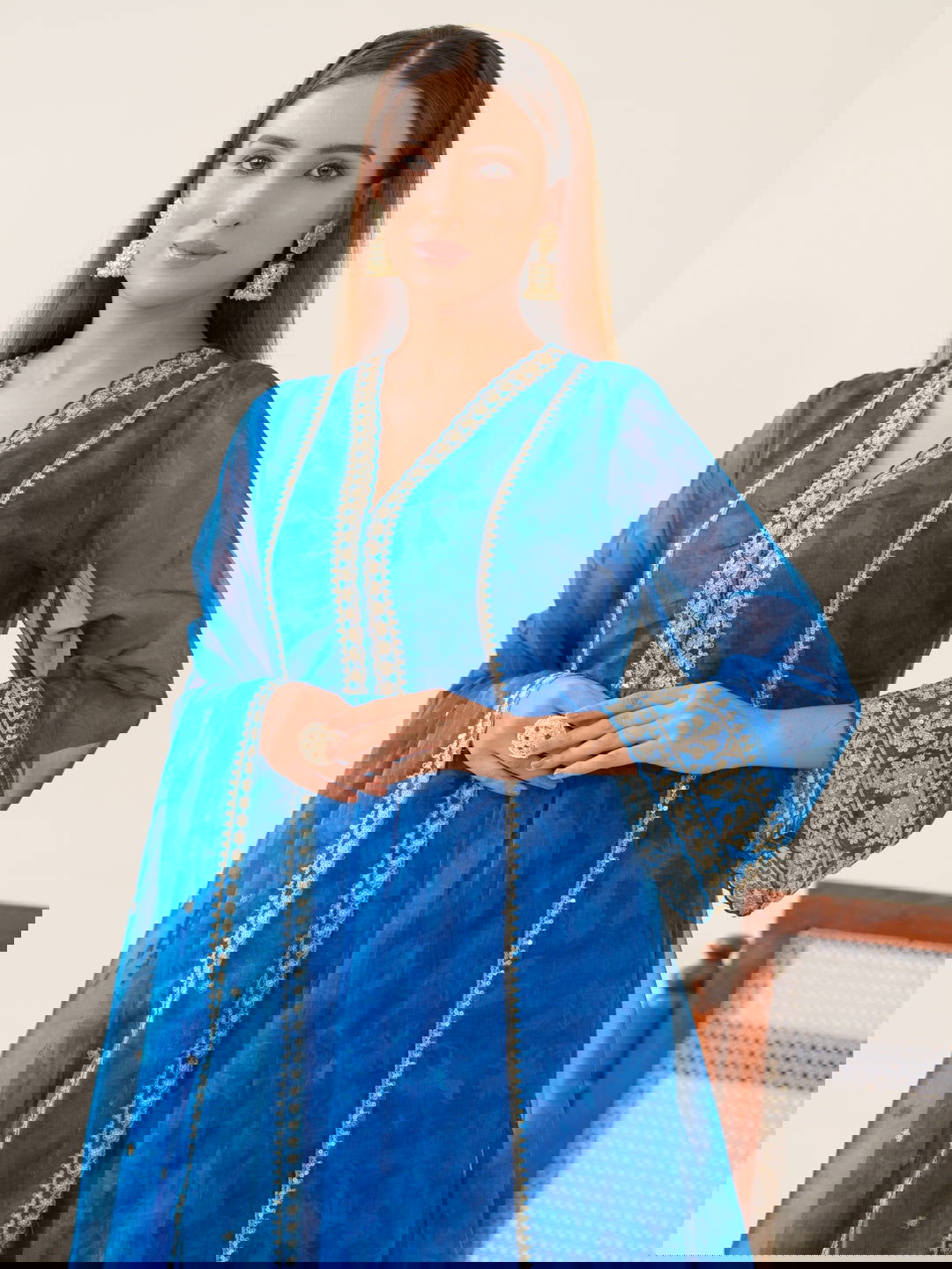 Poly Organza Royal Blue Color Woven Design Kurta With Trousers & Dupatta - Buy Best Ethnic Wear for Women & Girls | Daily Woman -