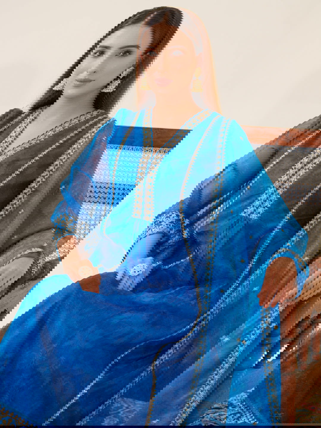 Poly Organza Royal Blue Color Woven Design Kurta With Trousers & Dupatta - Buy Best Ethnic Wear for Women & Girls | Daily Woman -