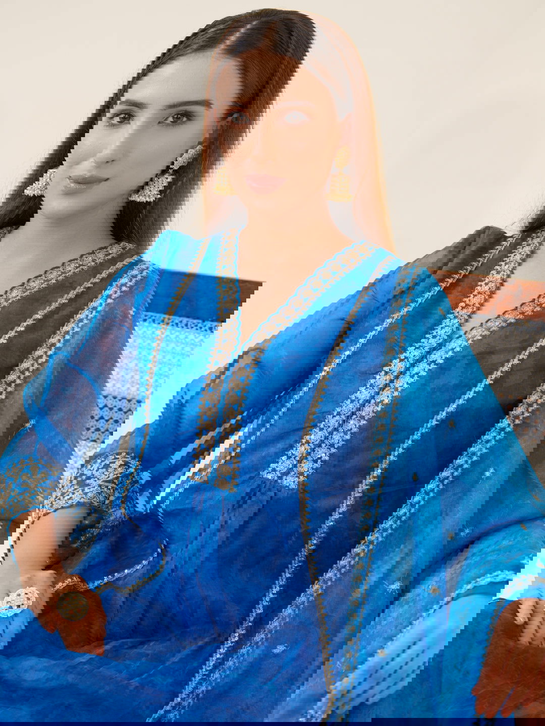 Poly Organza Royal Blue Color Woven Design Kurta With Trousers & Dupatta - Buy Best Ethnic Wear for Women & Girls | Daily Woman -