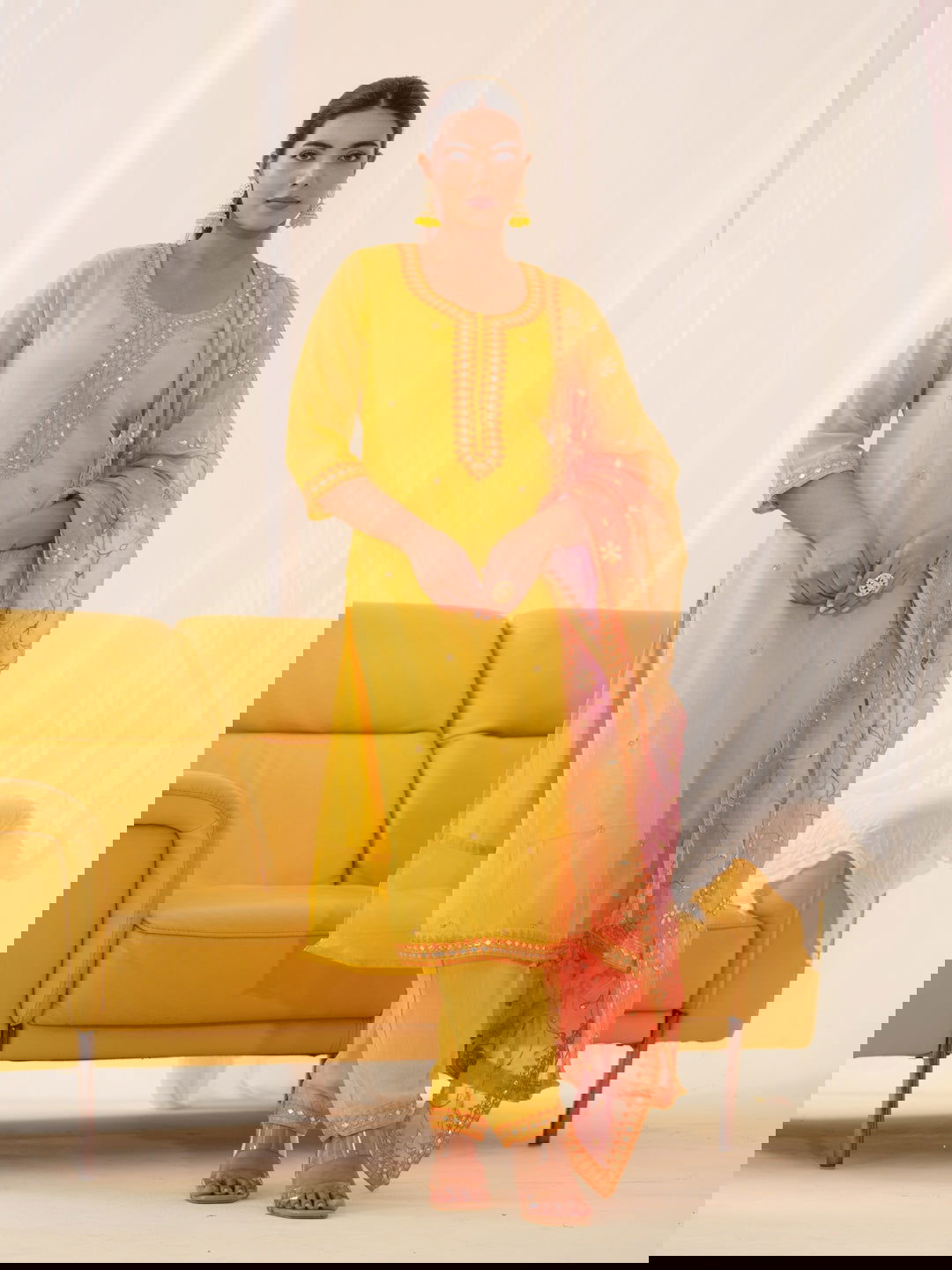 Poly Organza Yellow Color Embroidered Kurta With Trousers & Dupatta - Buy Best Ethnic Wear for Women & Girls | Daily Woman -