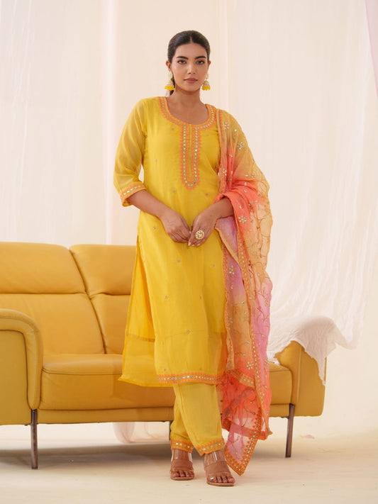 Poly Organza Yellow Color Embroidered Kurta With Trousers & Dupatta - Buy Best Ethnic Wear for Women & Girls | Daily Woman -