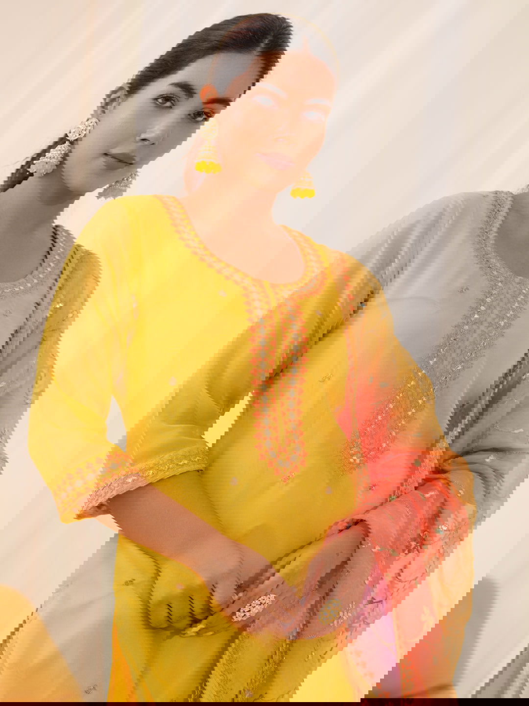 Poly Organza Yellow Color Embroidered Kurta With Trousers & Dupatta - Buy Best Ethnic Wear for Women & Girls | Daily Woman -