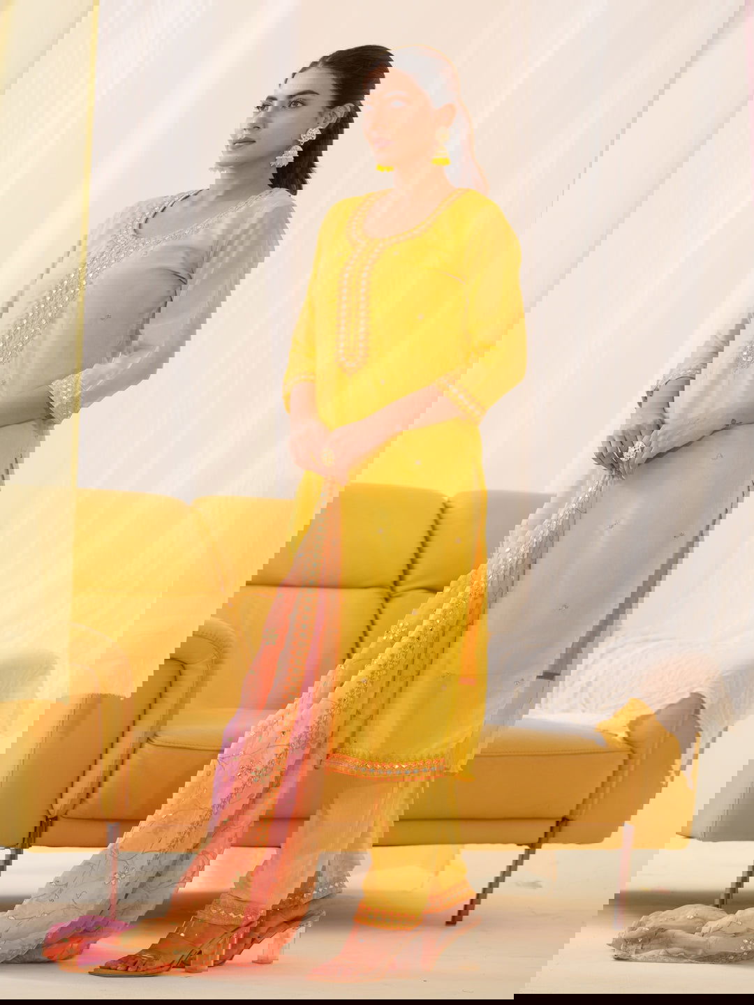 Poly Organza Yellow Color Embroidered Kurta With Trousers & Dupatta - Buy Best Ethnic Wear for Women & Girls | Daily Woman -