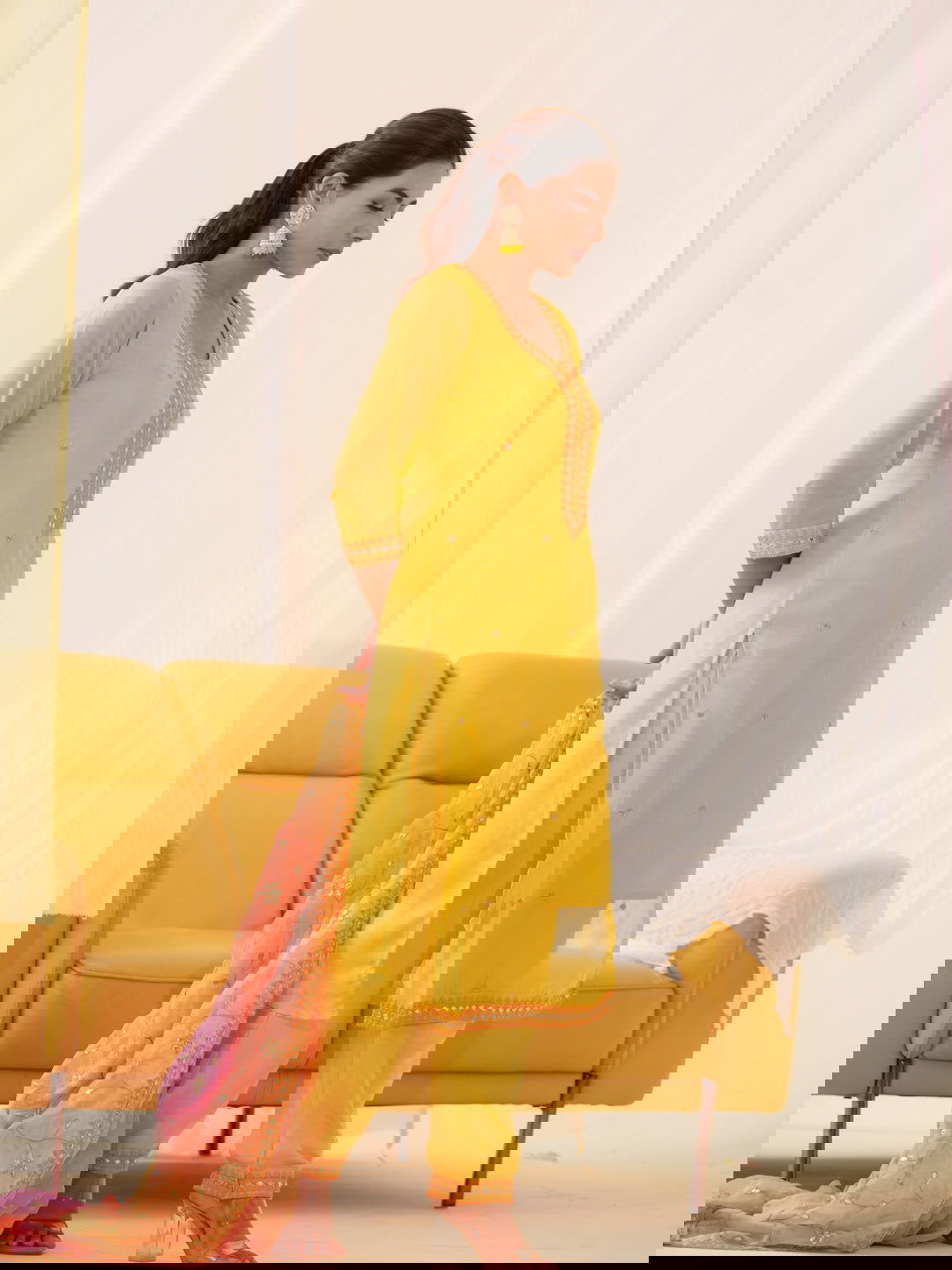 Poly Organza Yellow Color Embroidered Kurta With Trousers & Dupatta - Buy Best Ethnic Wear for Women & Girls | Daily Woman -