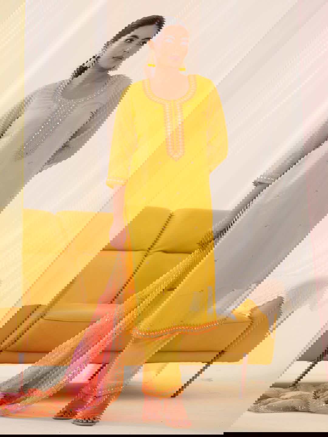 Poly Organza Yellow Color Embroidered Kurta With Trousers & Dupatta - Buy Best Ethnic Wear for Women & Girls | Daily Woman -